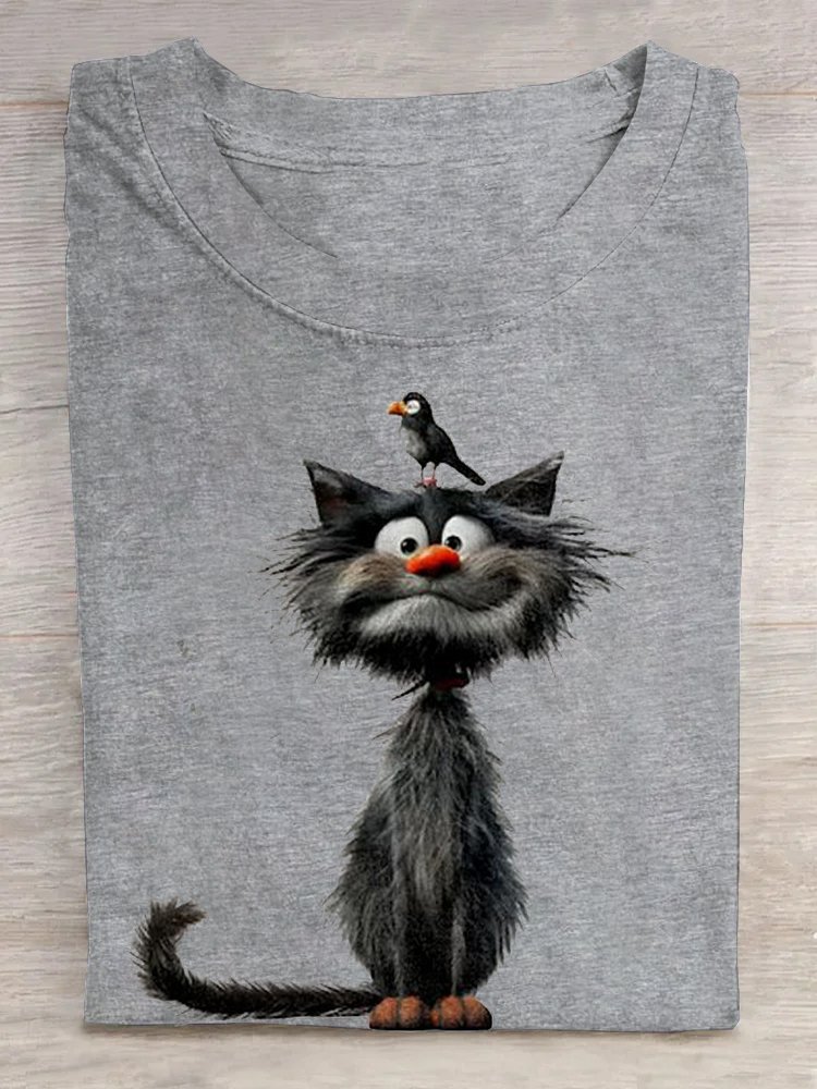 Lässig Katze Weit Rundhals T-Shirt