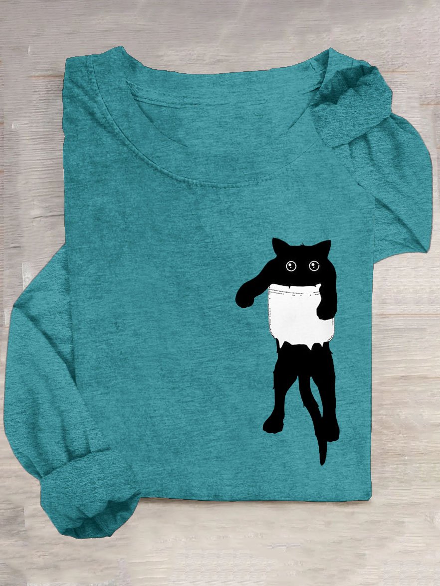 Katze Print Lässig Rundhals T-Shirt