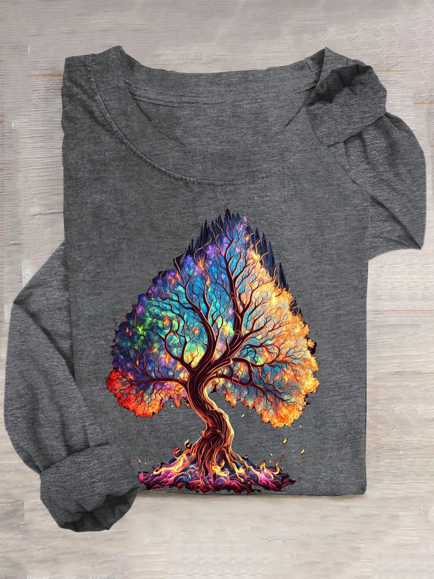 Baumwollmischung Lässig Frühling/Herbst Baum Langarm Weit Rundhals H-Linie T-Shirt