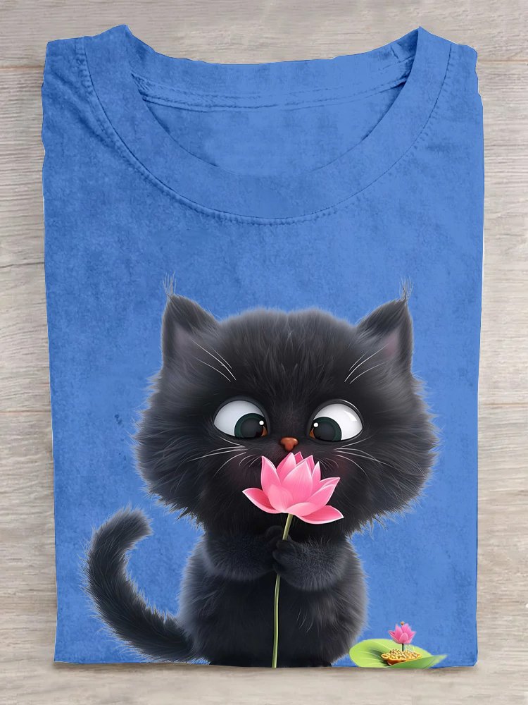 Rundhals Katze Baumwolle Lässig T-Shirt