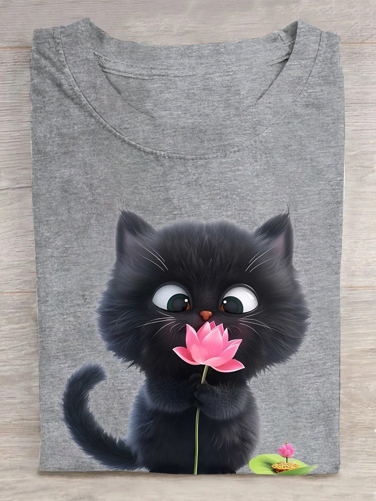 Rundhals Katze Baumwolle Lässig T-Shirt