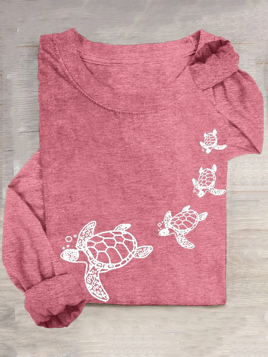 Lässig Rundhals Baumwollmischung Schildkröte T-Shirt