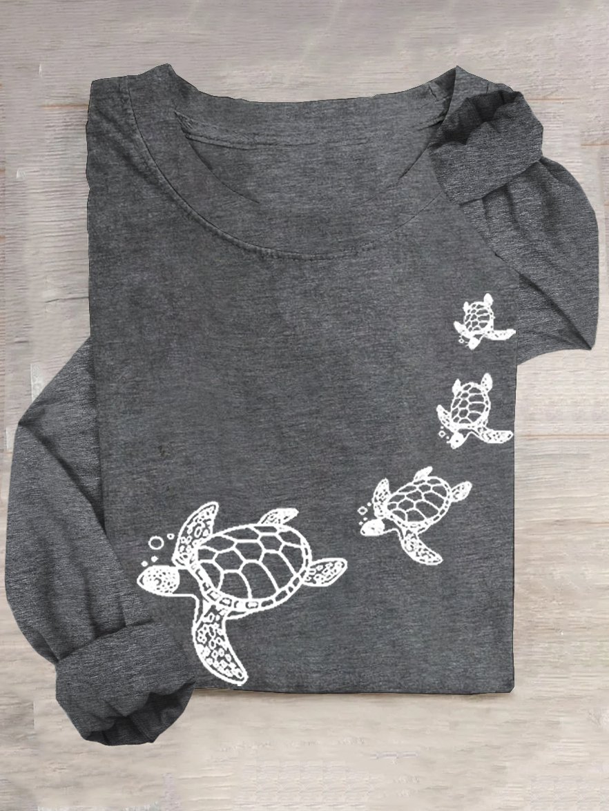 Lässig Rundhals Baumwollmischung Schildkröte T-Shirt