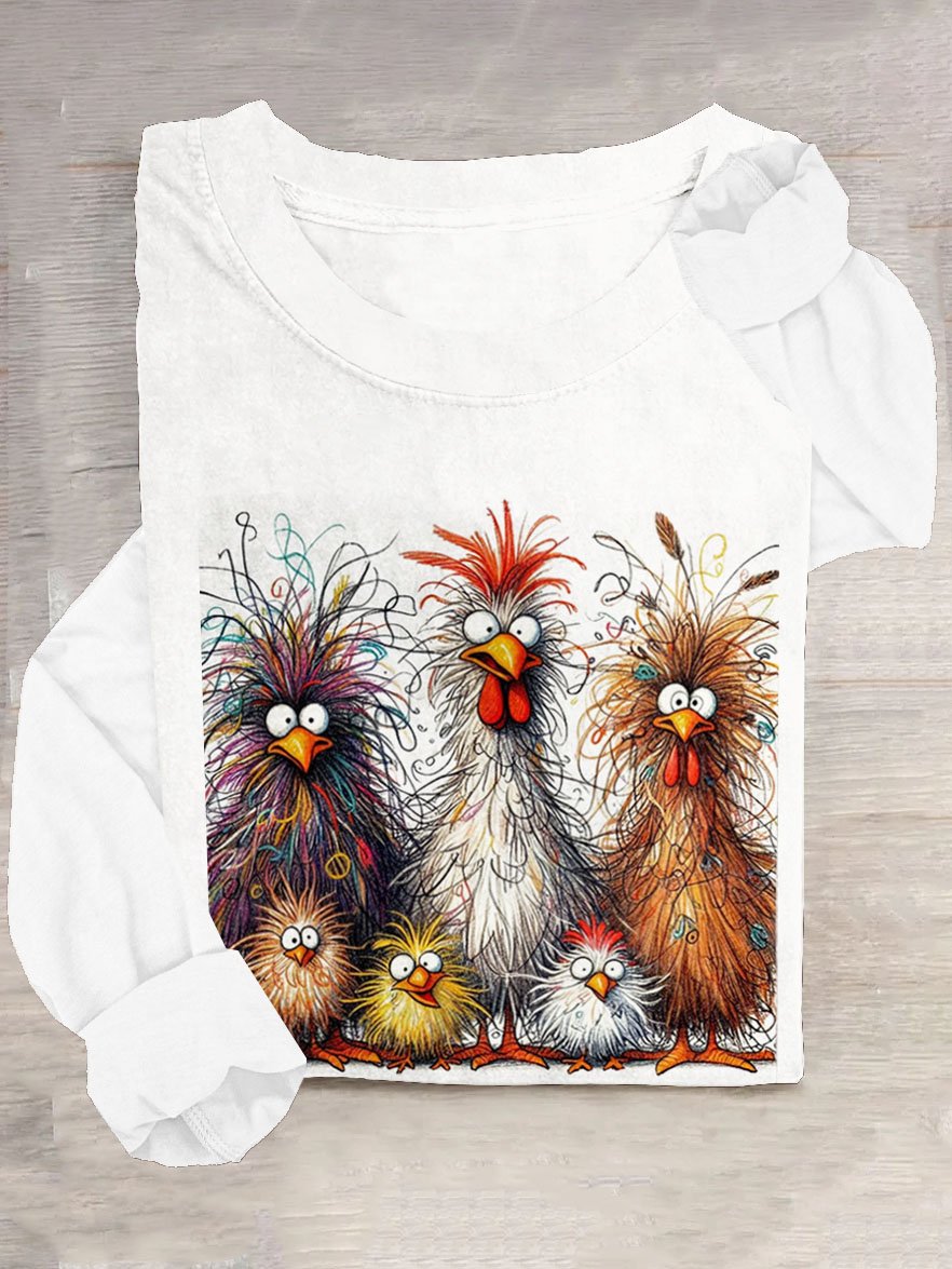 Lustig Hähnchen Kunst Drucken Langarm Lässig T-Shirt