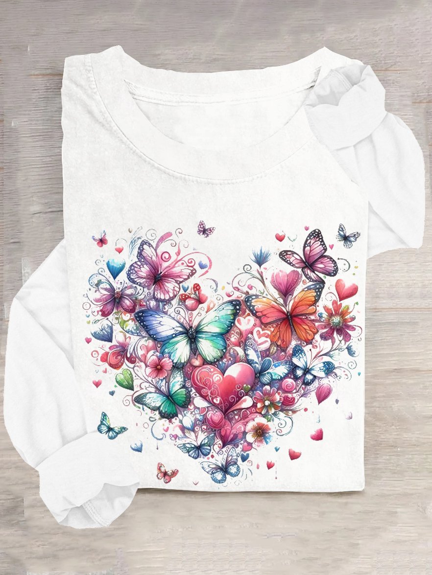 Schmetterling Rundhals Lässig Baumwolle T-Shirt