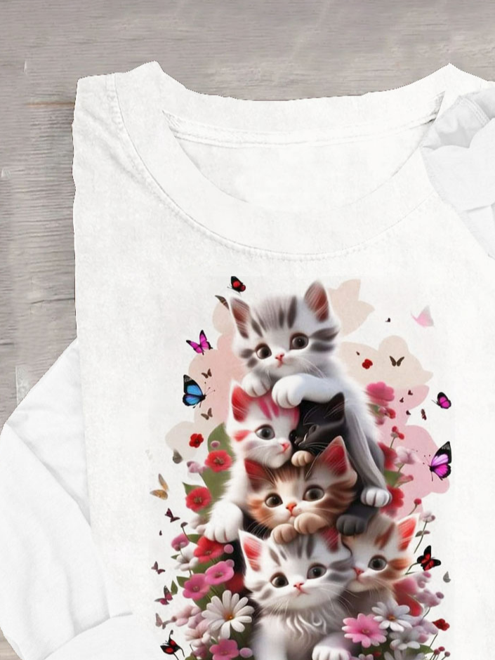 Schmetterling & Katze Print Rundhals Lässig T-Shirt