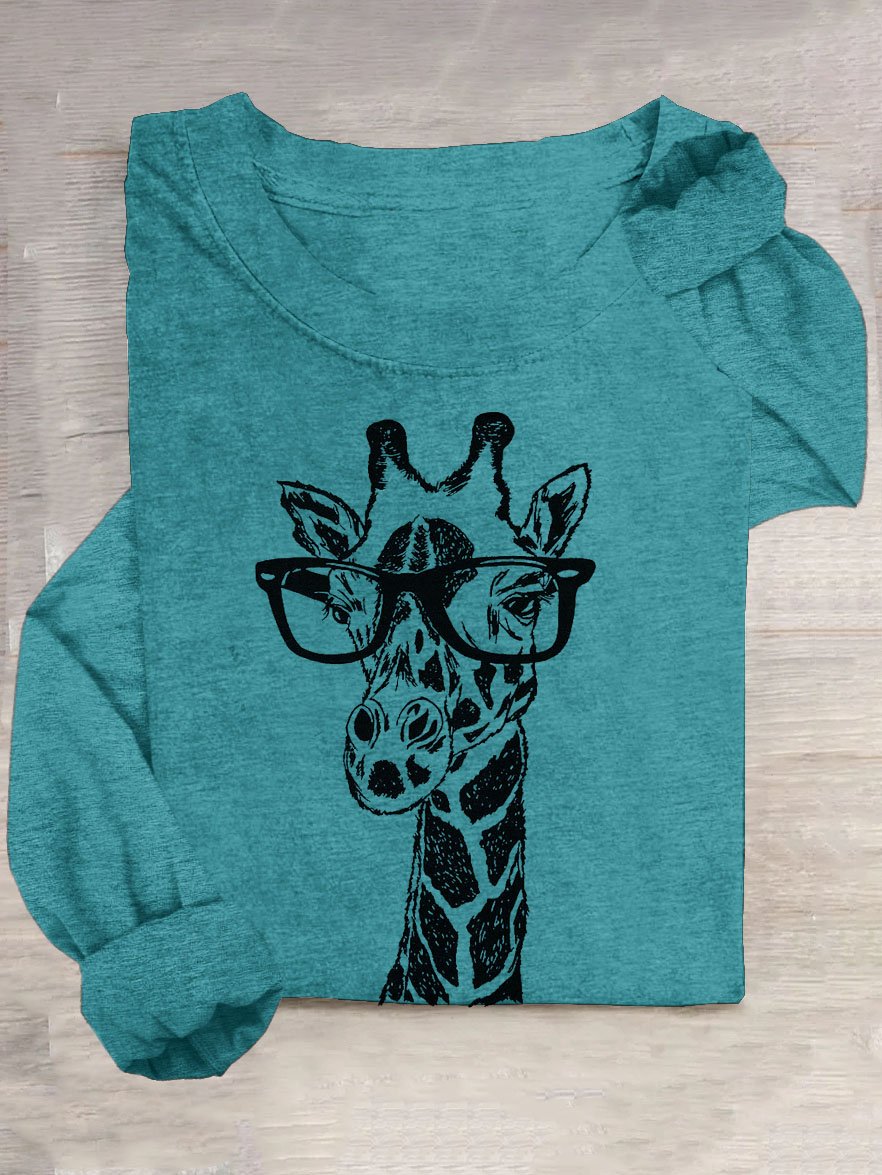 Lustig Brille Giraffe Print Lang ÄrmelT-Shirt