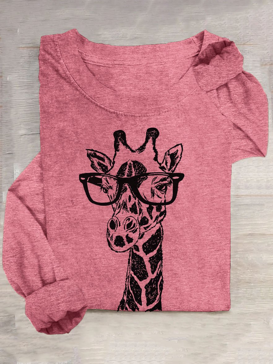 Lustig Brille Giraffe Print Lang ÄrmelT-Shirt