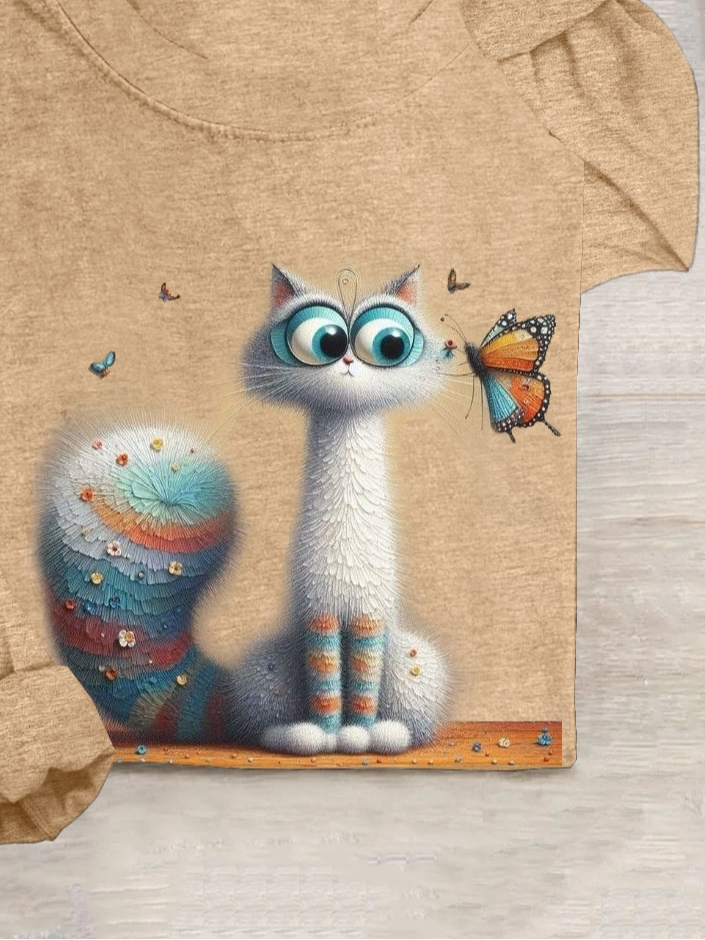 Schmetterling & Katze Print Lässig Baumwollmischung T-Shirt