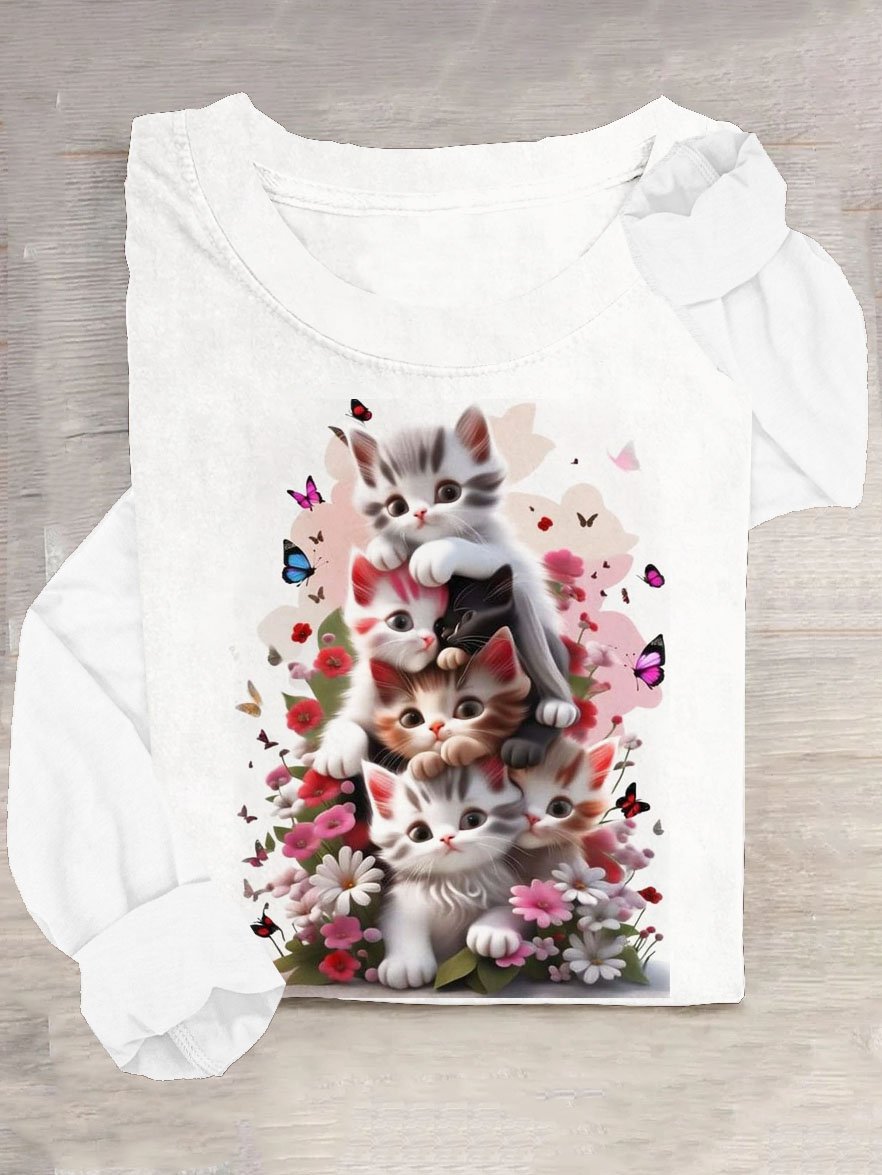 Schmetterling & Katze Print Rundhals Lässig T-Shirt