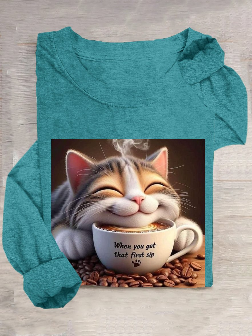 Lässig Katze Rundhals T-Shirt