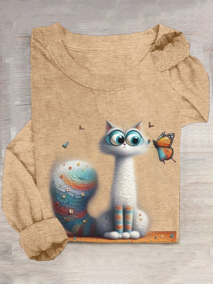 Schmetterling & Katze Print Lässig Baumwollmischung T-Shirt