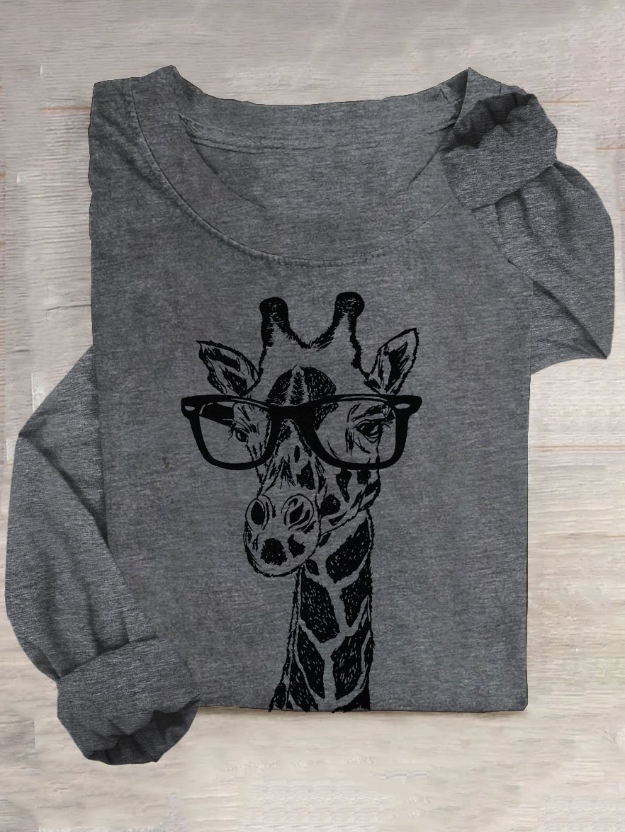 Lustig Brille Giraffe Print Lang ÄrmelT-Shirt