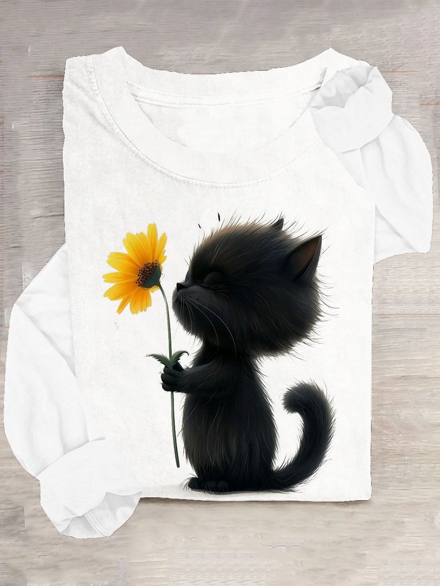 Geblümt & Katze Print Lässig Rundhals T-Shirt