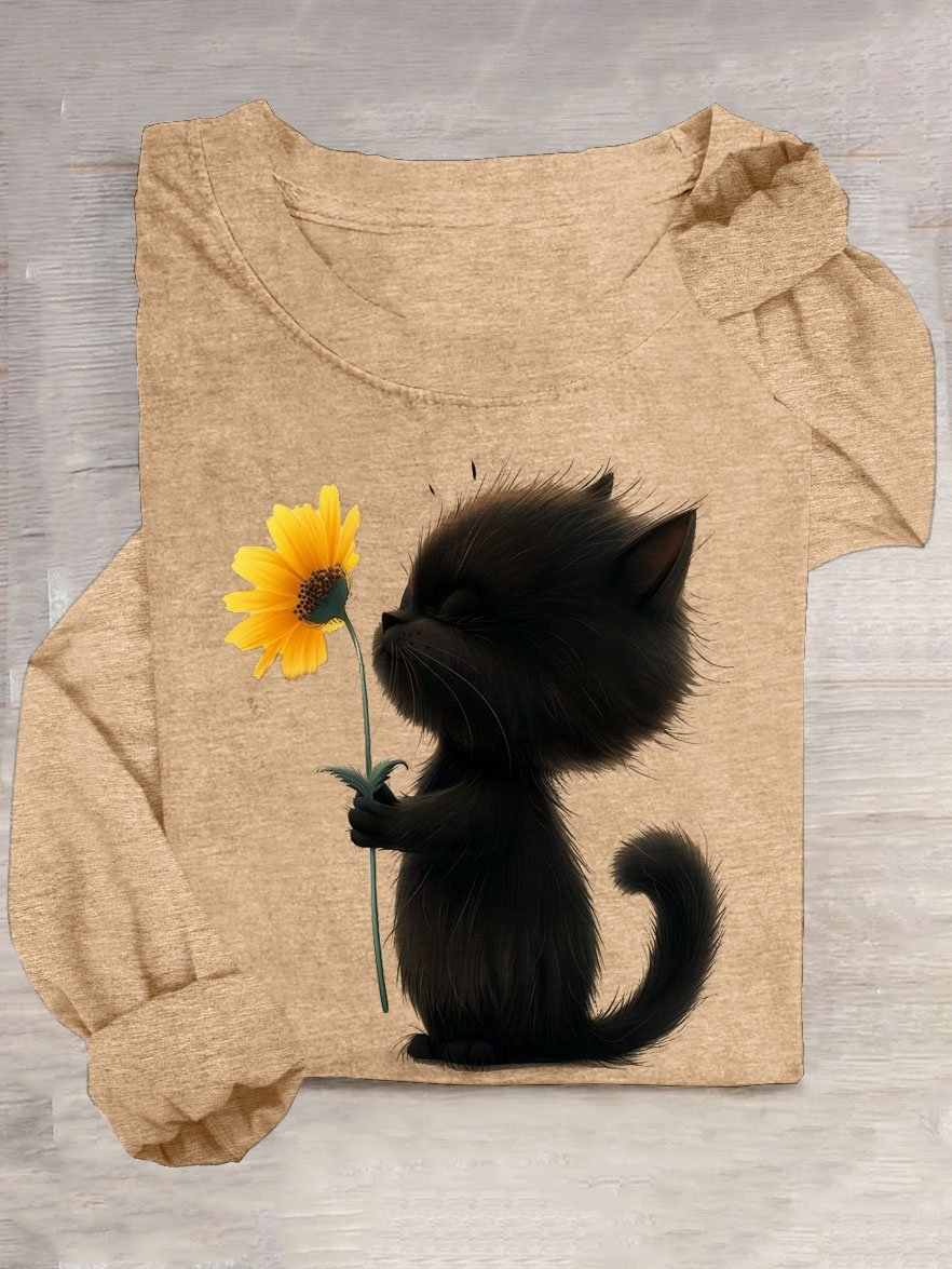 Geblümt & Katze Print Lässig Rundhals T-Shirt