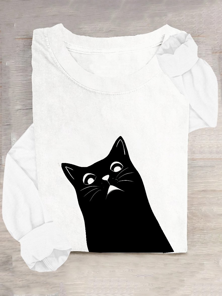 Lässig Katze Weit Baumwollmischung T-Shirt