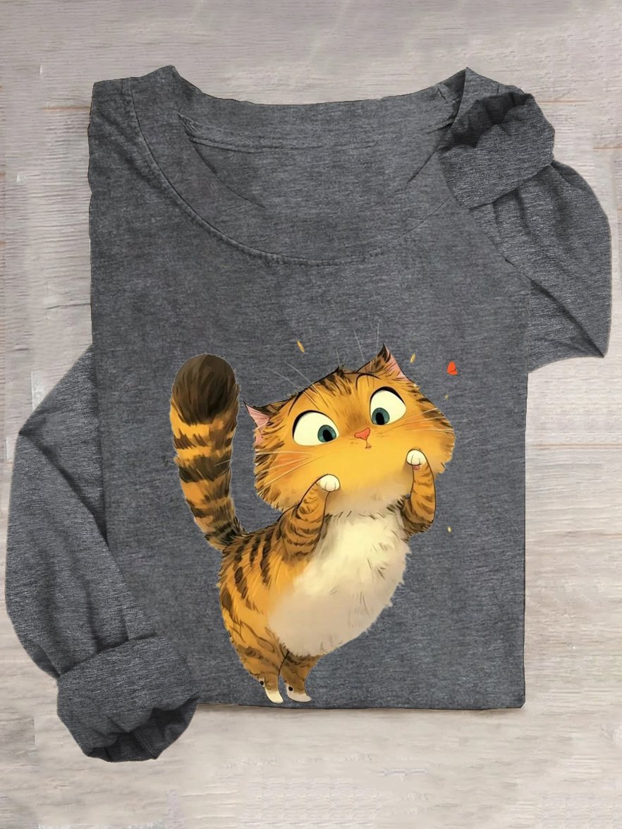 Baumwollmischung Rundhals Lässig Katze T-Shirt