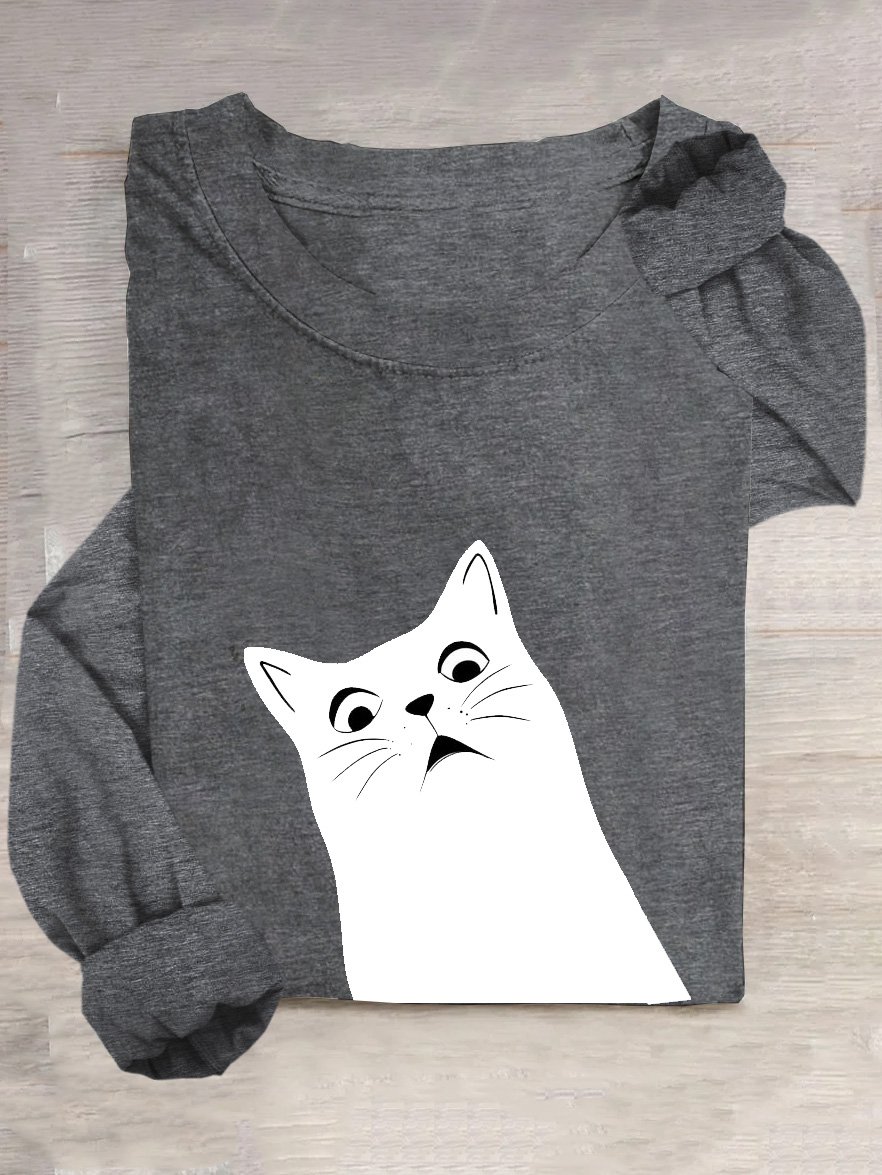 Lässig Katze Weit Baumwollmischung T-Shirt