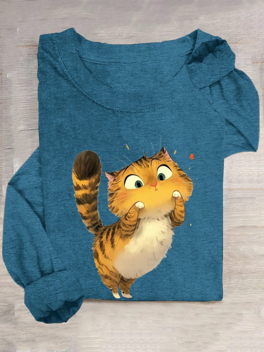 Baumwollmischung Rundhals Lässig Katze T-Shirt