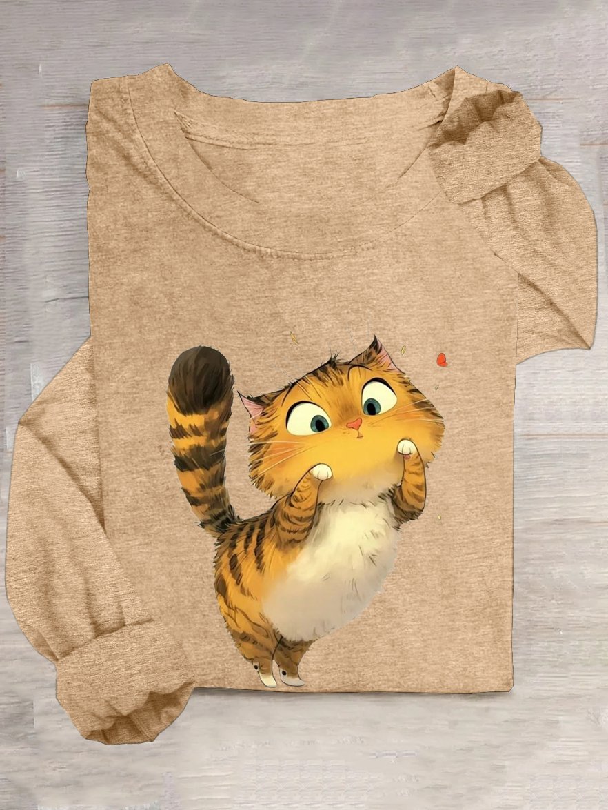 Baumwollmischung Rundhals Lässig Katze T-Shirt