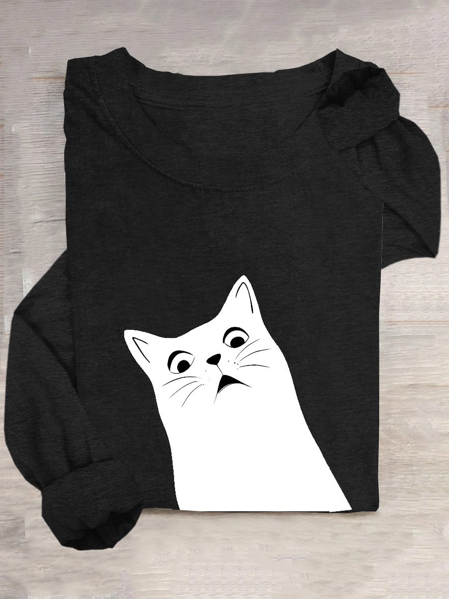 Lässig Katze Weit Baumwollmischung T-Shirt