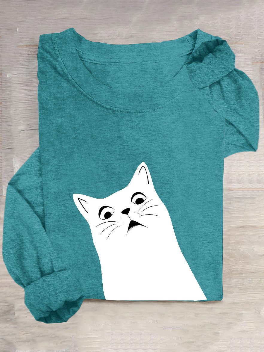 Lässig Katze Weit Baumwollmischung T-Shirt