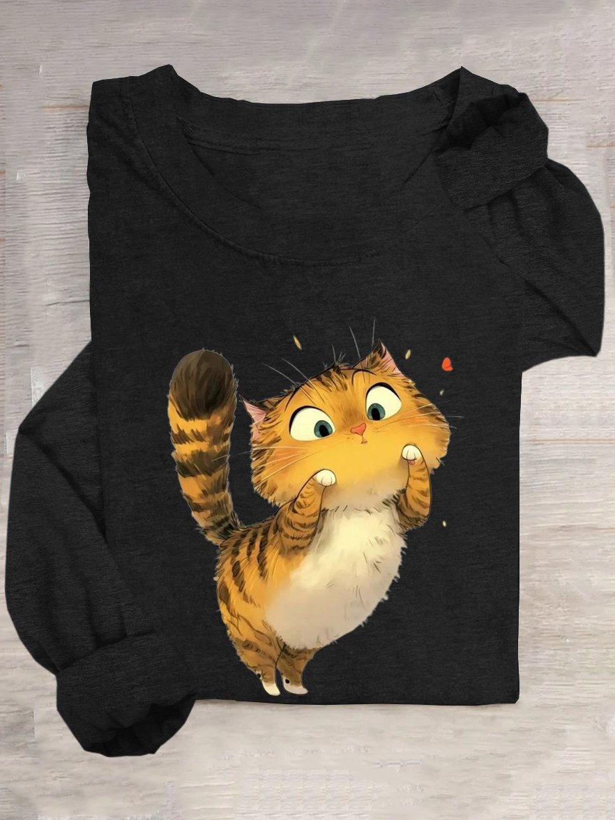 Baumwollmischung Rundhals Lässig Katze T-Shirt