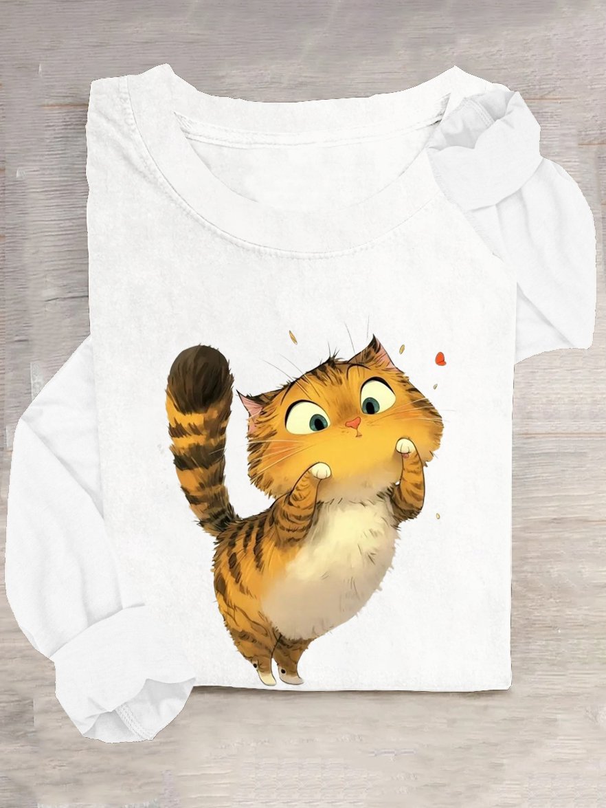 Baumwollmischung Rundhals Lässig Katze T-Shirt