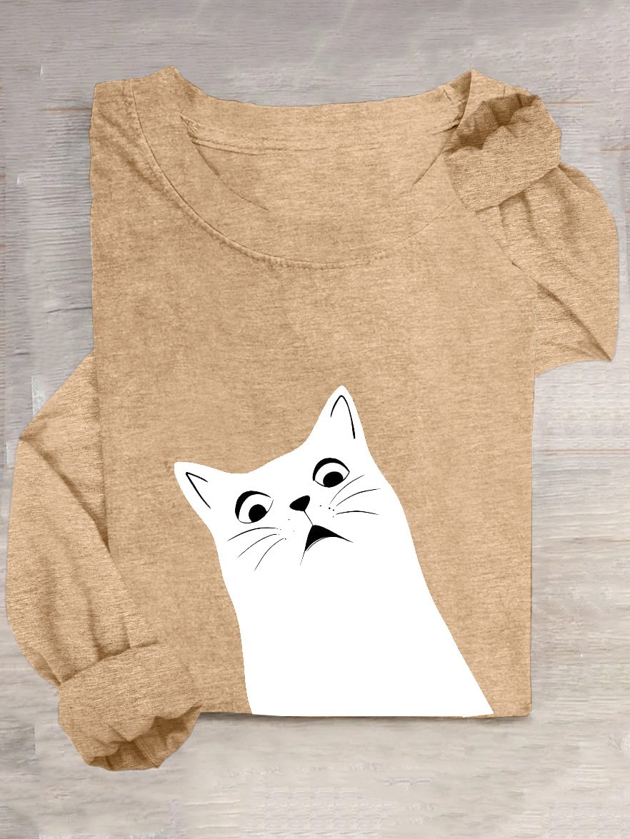 Lässig Katze Weit Baumwollmischung T-Shirt