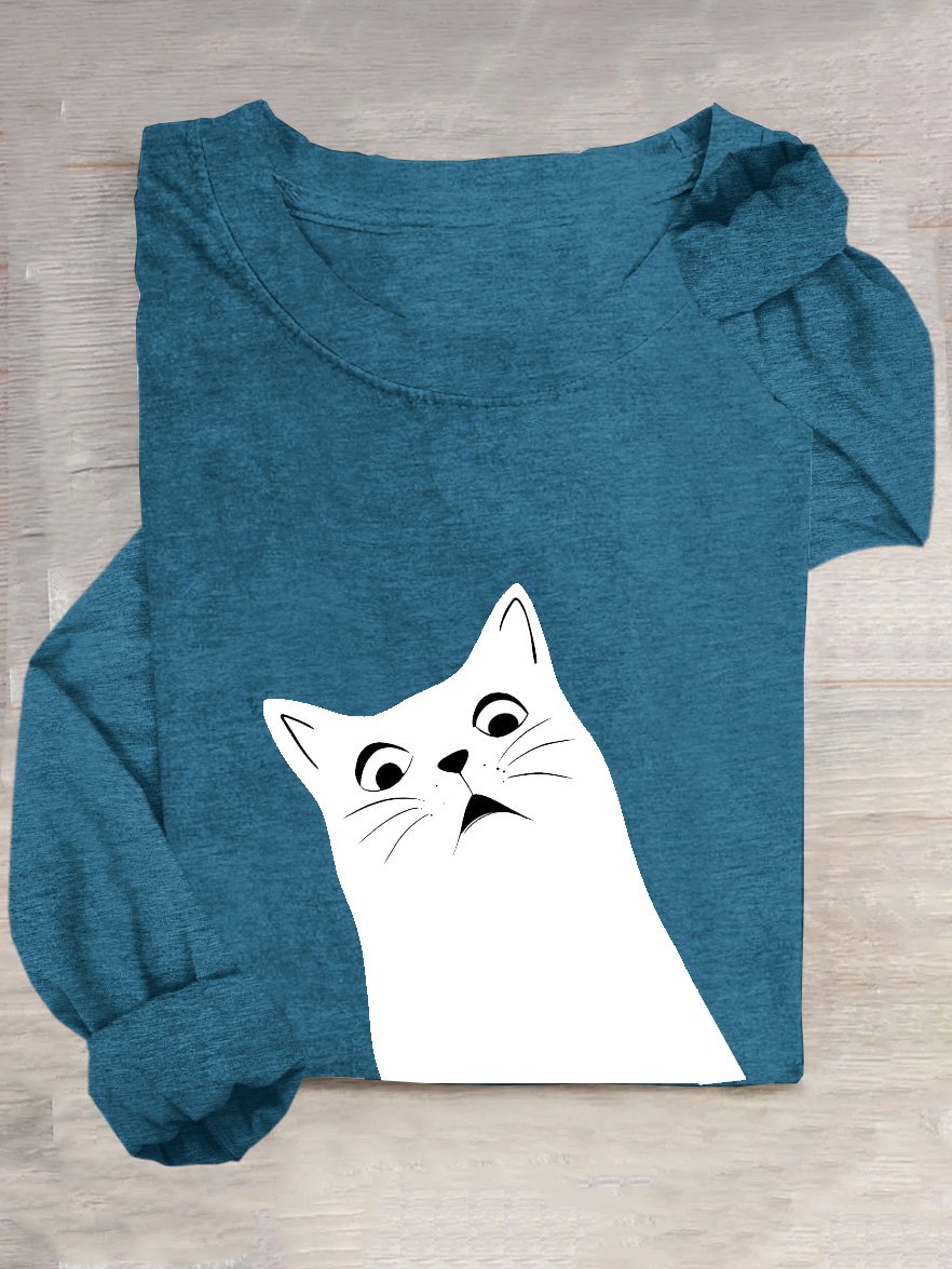 Lässig Katze Weit Baumwollmischung T-Shirt