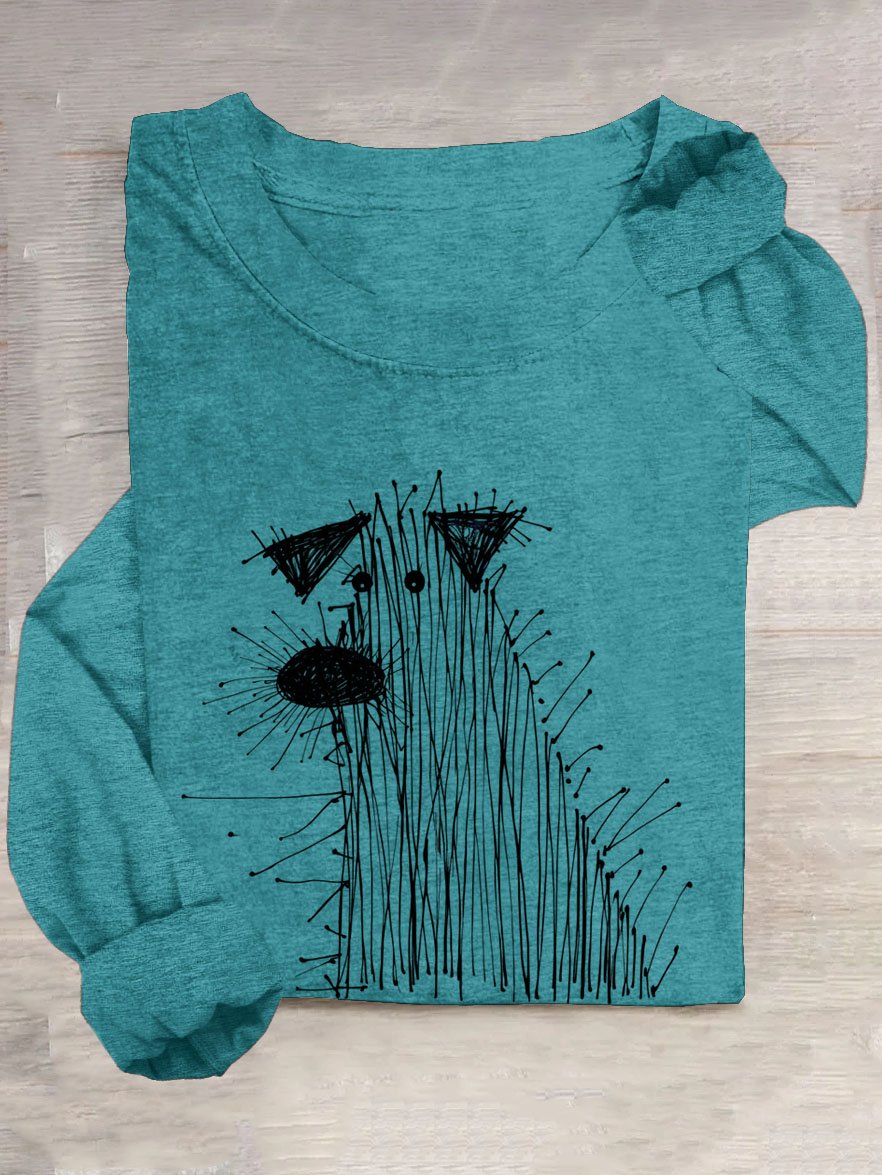 Lustig Abstrakt Hund Print Langarm Lässig T-Shirt